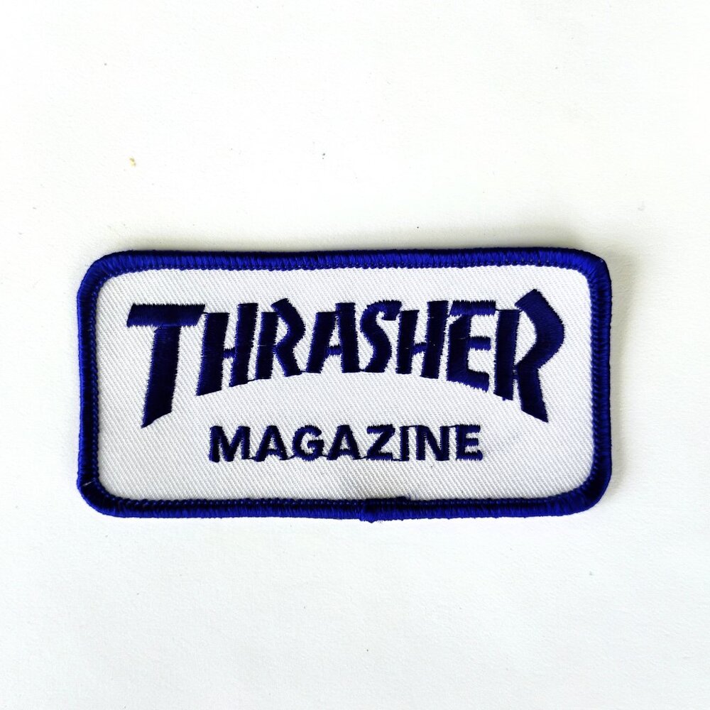 Thrasher Magazine Logo Iron On Embroidered Patch 2x4 Blue And White Skate Mag